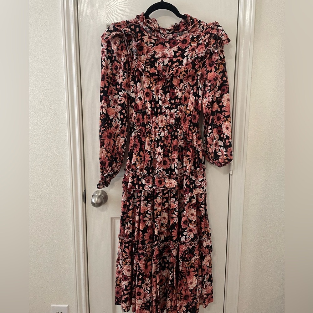 Floral Print Ruffle Long‎ Sleeve Midi dress